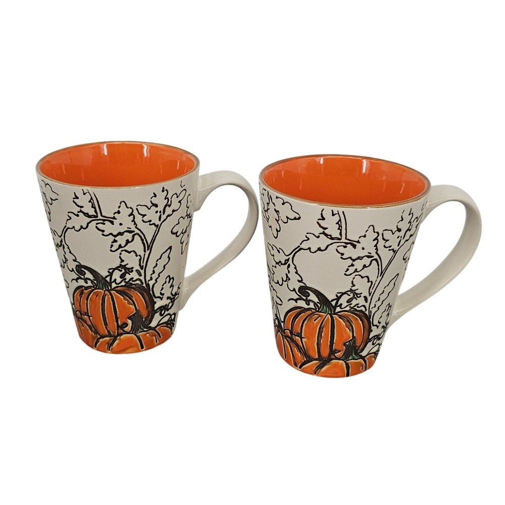 inHomestylez Pumpkin Oak Leaf Ceramic Mug Set of 2 Orange Cream Fall Harvest